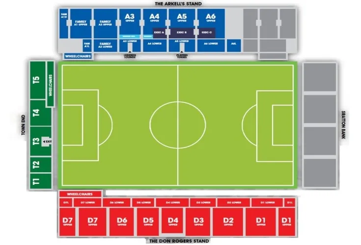 Bản đồ chỗ ngồi chi tiết của sân vận động County Ground, hướng dẫn người hâm mộ Swindon Town tìm vị trí lý tưởng