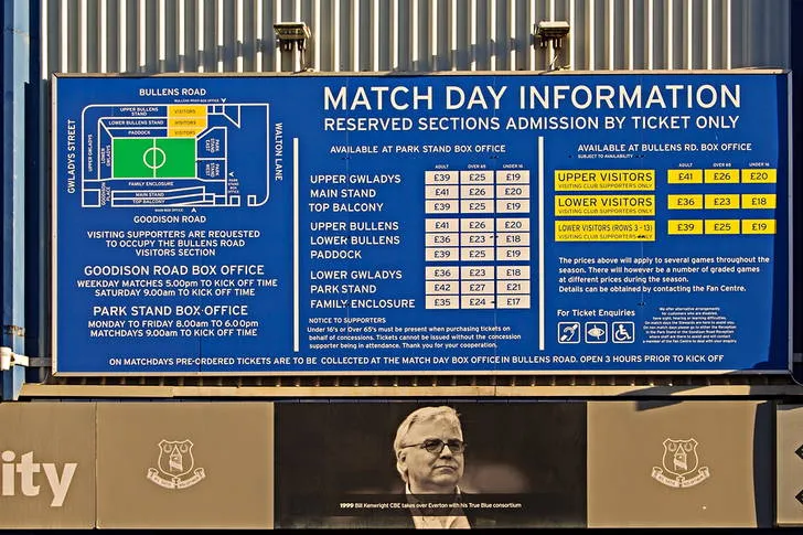 Bảng thông tin ngày diễn ra trận đấu tại Goodison Park, chuẩn bị cho ngày hội bóng đá