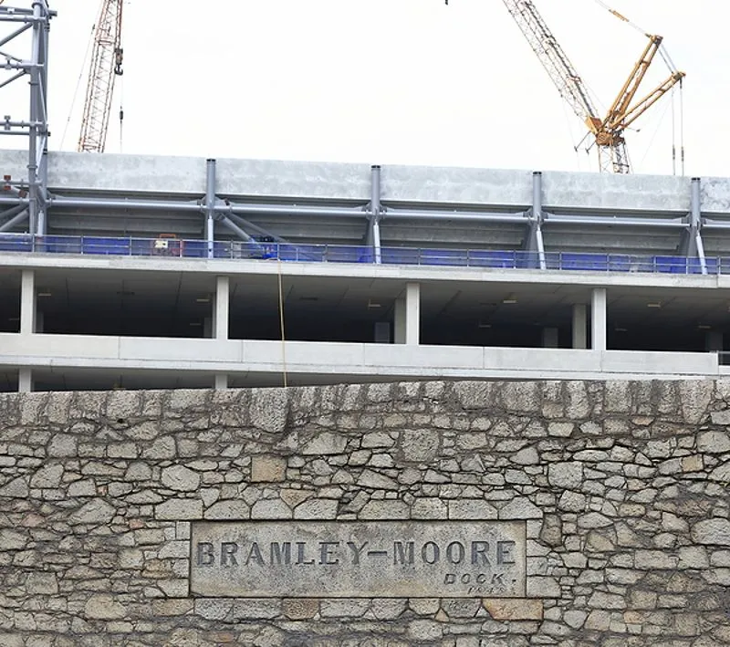Biển báo công trình đang thi công tại Bramley-Moore Dock, đánh dấu sự ra đời của sân vận động mới Everton