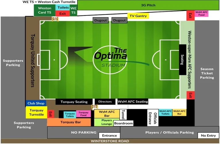 Sơ đồ bố trí chỗ ngồi chi tiết của sân vận động Woodspring (Optima Stadium)