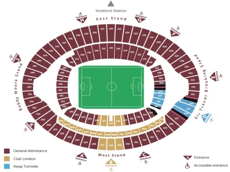 Sơ đồ bố trí chỗ ngồi chi tiết tại London Stadium, hướng dẫn vị trí các khán đài