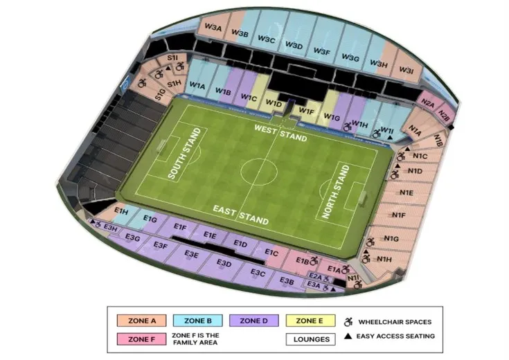 Sơ đồ bố trí chỗ ngồi Falmer Stadium, chỉ dẫn các khán đài chính của Brighton &amp; Hove Albion