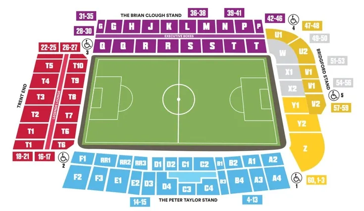 Sơ đồ bố trí chỗ ngồi tại sân The City Ground, giúp khán giả dễ dàng định vị