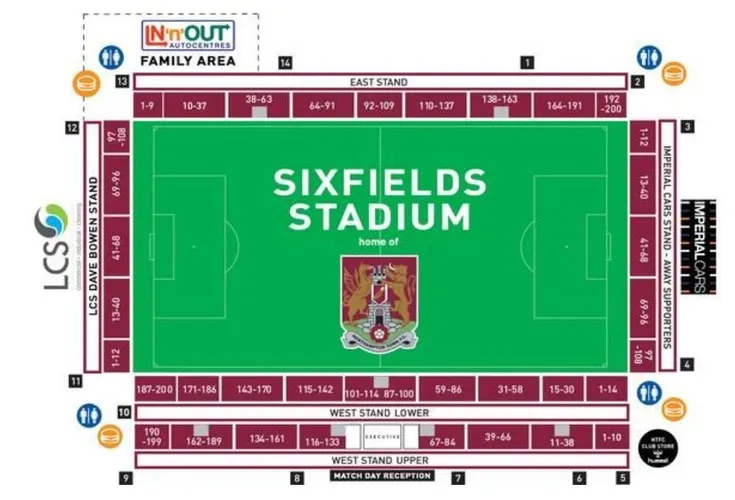 Sơ đồ bố trí chỗ ngồi và các khu vực tại Sixfields Stadium