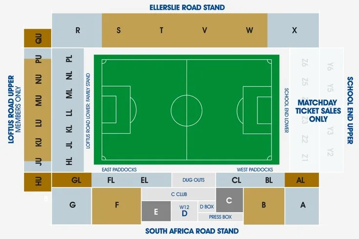 Sơ đồ bố trí ghế ngồi tại sân Loftus Road, giúp người hâm mộ dễ dàng tìm thấy &quot;tổ ấm&quot; của mình.