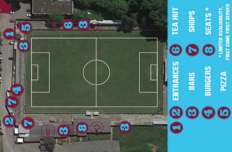 Sơ đồ bố trí sân The Meadow, chỉ rõ các khu vực khán đài và lối vào sân vận động Chesham United