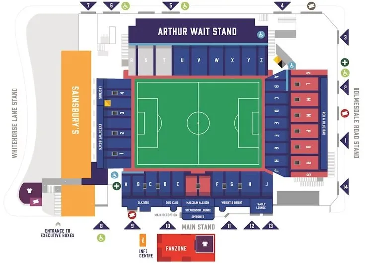 Sơ đồ chi tiết các khán đài và lối vào sân vận động Selhurst Park