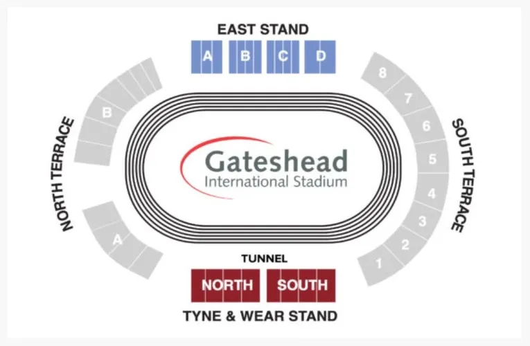 Sơ đồ chi tiết chỗ ngồi Sân vận động Gateshead International, hướng dẫn khán giả tìm vị trí lý tưởng