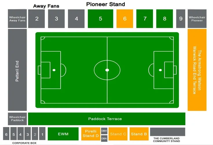 Sơ đồ chi tiết sân vận động Brunton Park, hướng dẫn các khu vực chỗ ngồi và tiện ích