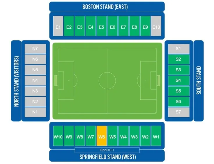 Sơ đồ chi tiết sân vận động DW (Brick Community Stadium) hiển thị các khu vực chỗ ngồi và khán đài