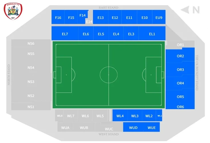 Sơ đồ chi tiết sân vận động Oakwell, hướng dẫn chỗ ngồi