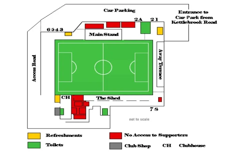 Sơ đồ chi tiết sân vận động The Lamb Ground Tamworth, bố trí các khu vực