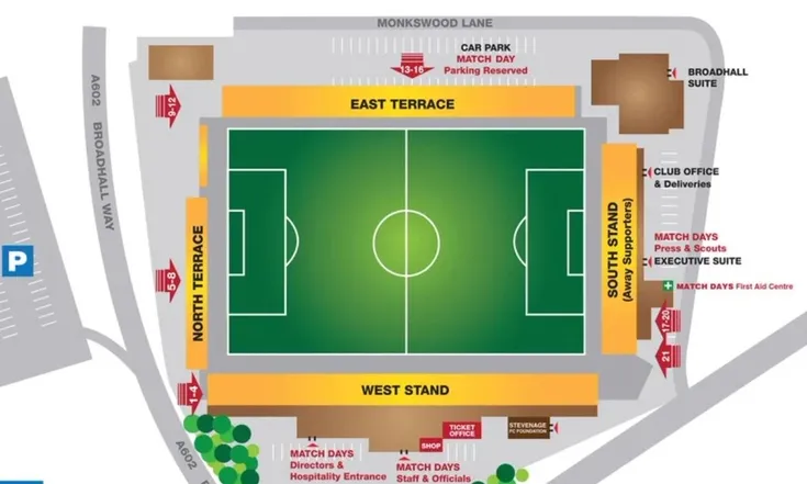 Sơ đồ chỗ ngồi chi tiết của sân Broadhall Way (Lamex Stadium), hướng dẫn vị trí khán giả Stevenage