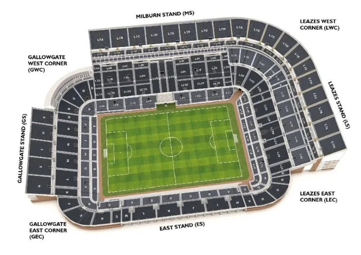Sơ đồ chỗ ngồi chi tiết của sân vận động St. James' Park, hướng dẫn khán giả tìm vị trí