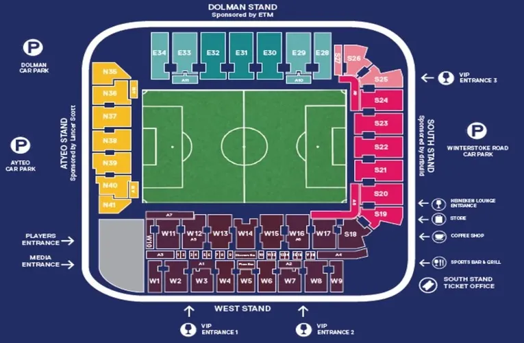 Sơ đồ chỗ ngồi chi tiết sân Plainmoor Torquay United, định vị cảm xúc cho mọi cổ động viên