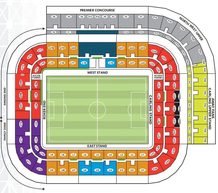 Sơ đồ chỗ ngồi chi tiết tại Sân vận động The Stadium of Light, giúp bạn dễ dàng chọn vị trí