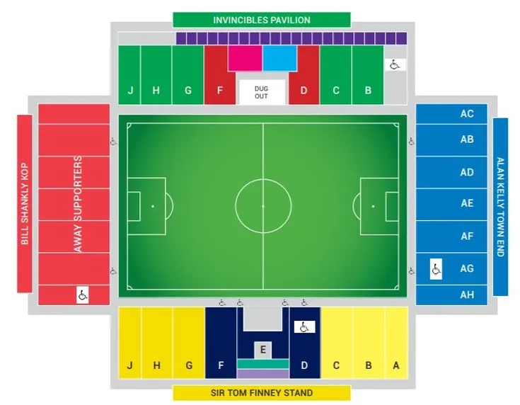 Sơ đồ chỗ ngồi sân Deepdale, giúp người hâm mộ định vị các khán đài tại Preston North End