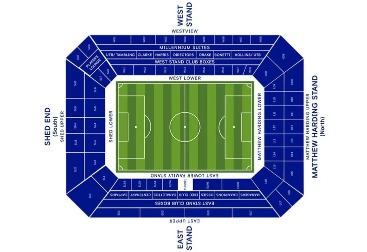 Sơ đồ chỗ ngồi sân Stamford Bridge, chi tiết các khán đài và khu vực dành cho người hâm mộ Chelsea