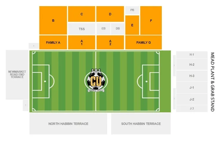 Sơ đồ chỗ ngồi sân vận động Abbey Stadium, hướng dẫn vị trí các khán đài và khu vực xem bóng đá
